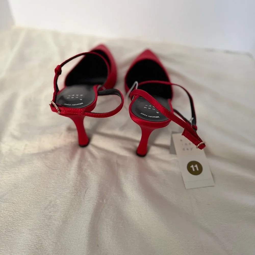 A New Day Red Satin Pointed Toe Slingback Heels Memory Foam Size 11